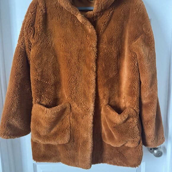 Wild Fable Medium Faux Fur, Hooded, Burnt Orange Coat With Pockets - Picture 3 of 6